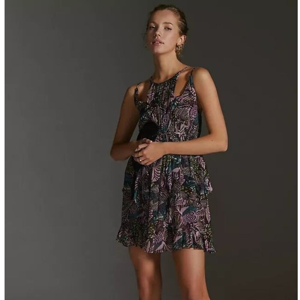 New By Anthropologie Cutout Chiffon Mini Dress $170 X-SMALL Purple Abstract